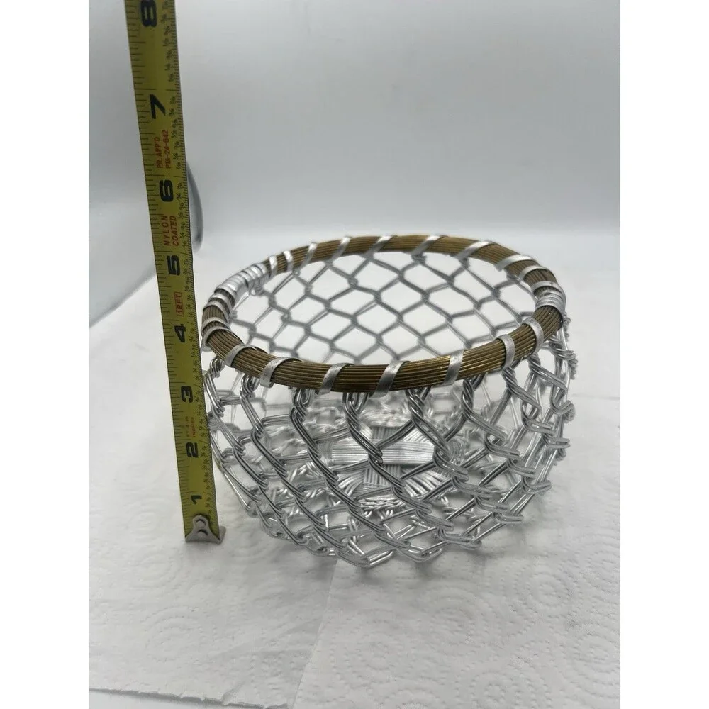 Vintage Brutalist WireBasket Woven Aluminum & Brass Mid-Century MCM Bowl 6.5